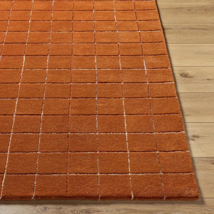 Modern Hand-Tufted Terracotta Wool Rug | Small Grid Pattern for Contemporary & Minimalist Spaces