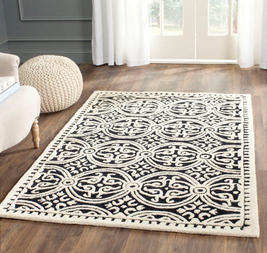 Black & Ivory Area Rug with Bold Geometric Medallion Design – Modern Woven Carpet for Living Room, Bedroom & Home Décor