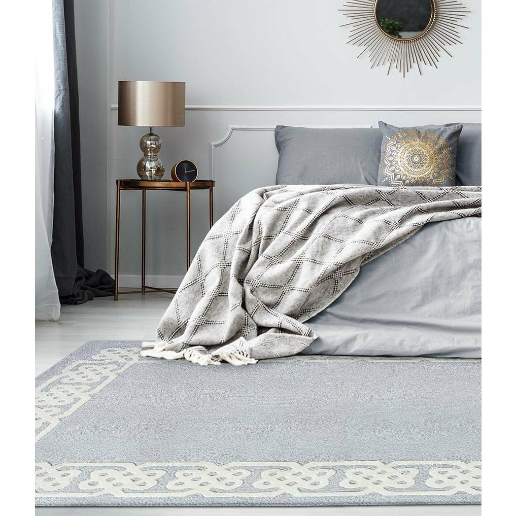 Elegant Border Design Wool Rug – Hand-Tufted Light Blue Area Carpet for Living Room, Bedroom & Luxury Home Décor