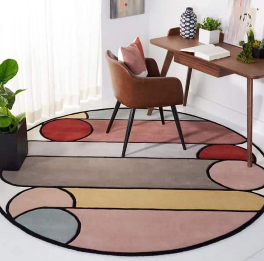 Modern Round Geometric Area Rug – Color Block Circle Carpet for Home Office, Living Room, or Bedroom Decor