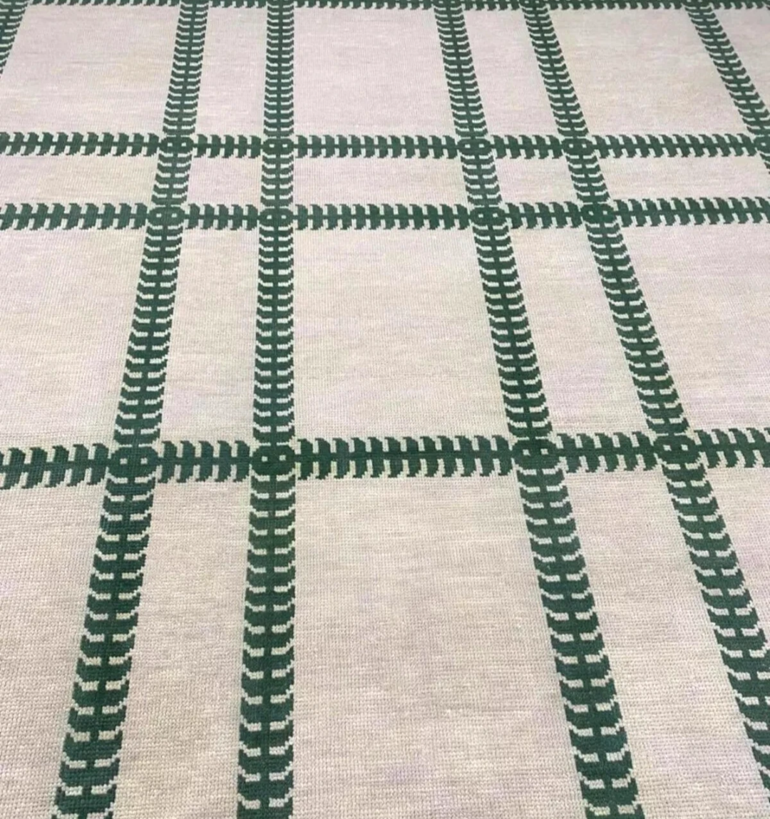Modern Hand Knotted Oushak Rug – Green Lattice Wool Area Carpet | Cream Geometric Turkish Design