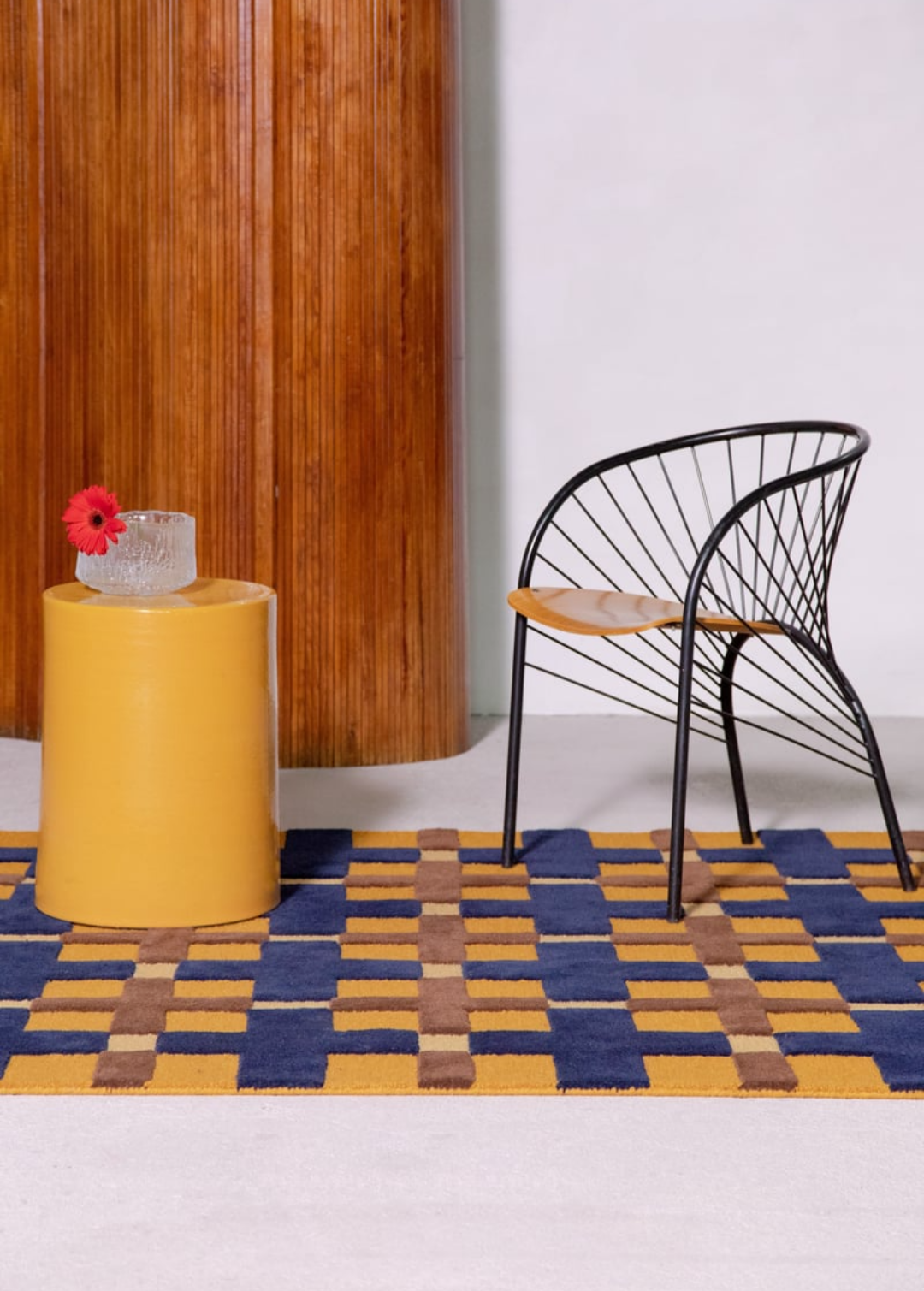 Modern Geometric Wool Rug – Handwoven Blue, Mustard & Brown Checkered Pattern for Living Room & Office Décor