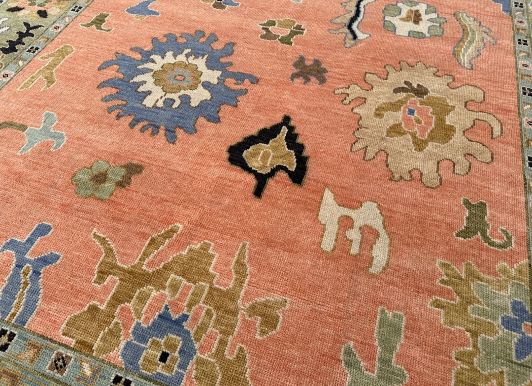 Hand Knotted Oushak Rug – Terracotta Turkish Wool Area Rug with Floral Motifs