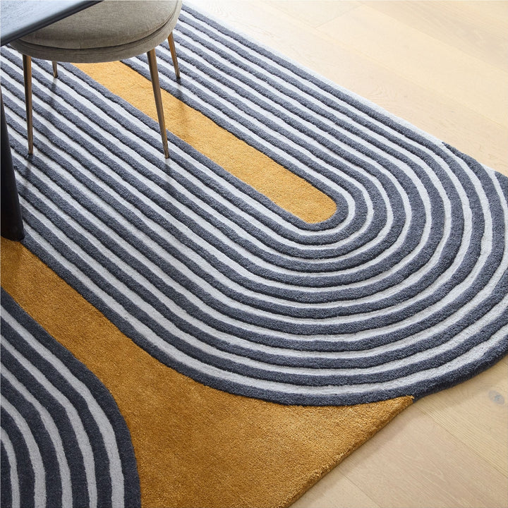 Modern Hand Tufted Wool Area Rug – Abstract Geometric Striped Carpet in Mustard Gold, Charcoal & Ivory | Contemporary Living Room, Bedroom & Office Decor | Custom Size Rug