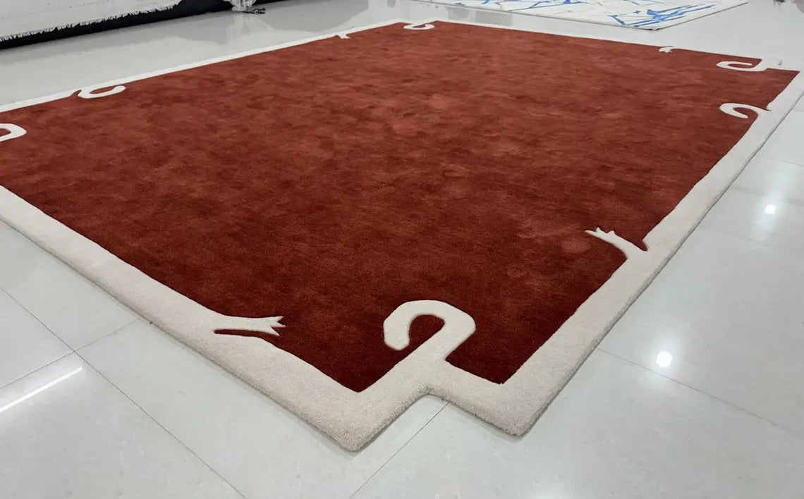 Modern Hand-Tufted Maroon Area Rug – Abstract Border Wool Carpet for Living Room & Bedroom Décor