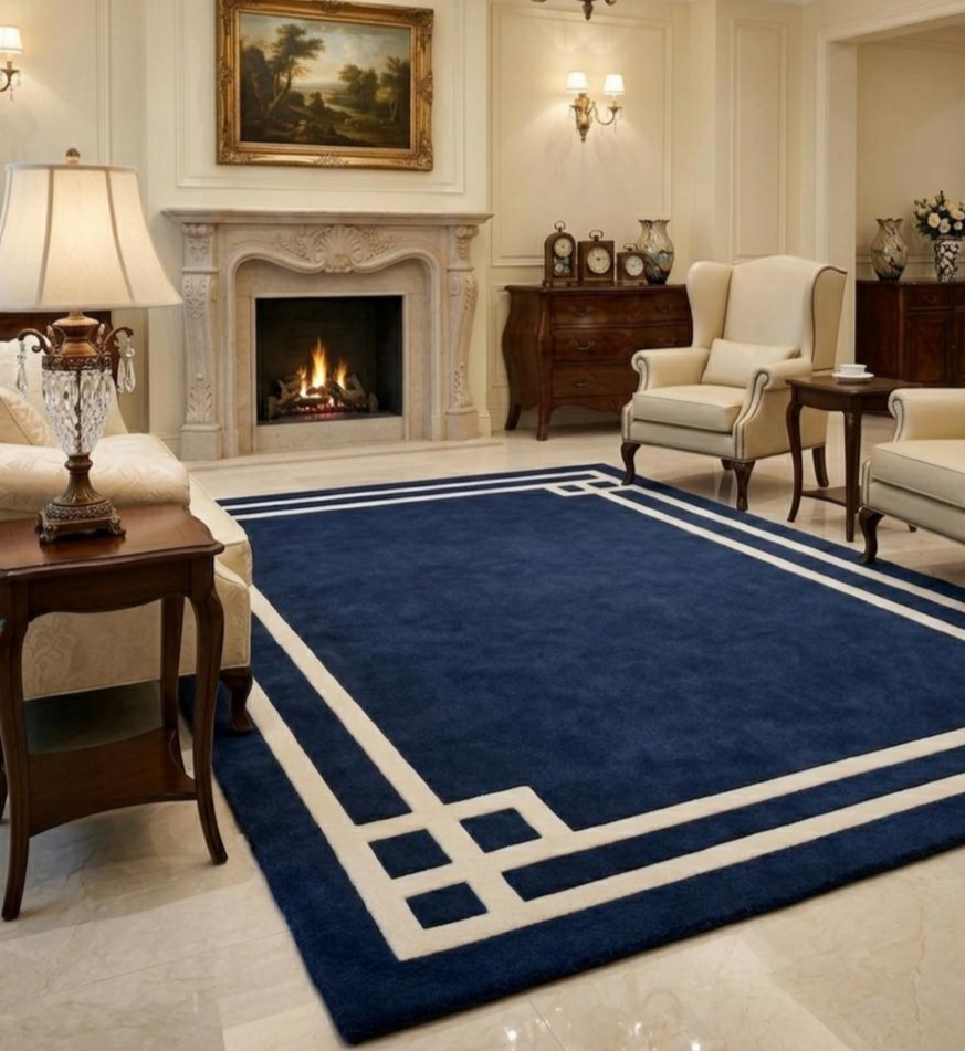 Hand Tufted Navy Blue Area Rug, Modern Geometric Wool Rug, Luxury Living Room Carpet, Contemporary Handmade Floor Rug, Custom Size Rug