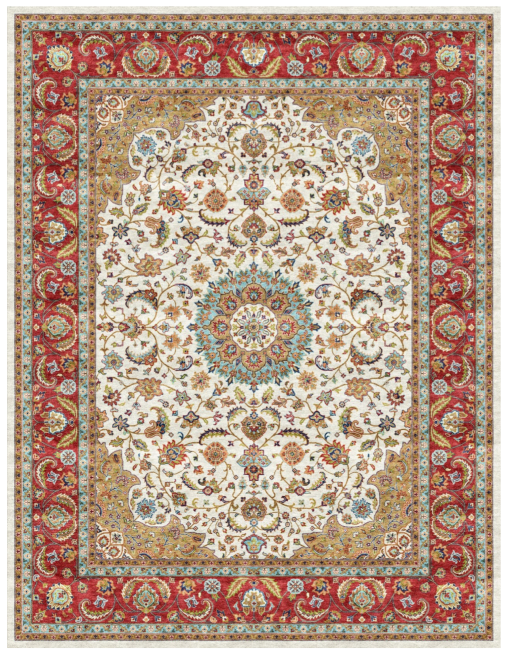 Luxury Persian Silk Rug – Ivory Floral Medallion with Rich Red Border