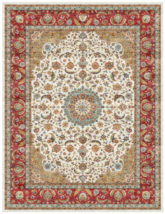 Luxury Persian Silk Rug – Ivory Floral Medallion with Rich Red Border