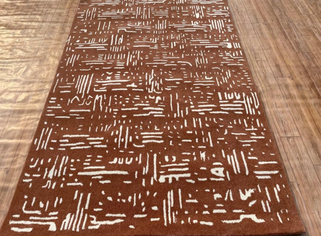 Modern Rust Brown and White Abstract Geometric Tufted Area Rug – Soft Handmade Contemporary Carpet for Living Room, Bedroom, Office Decor
