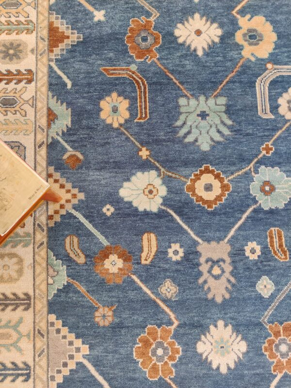 Blue Handknotted Oushak Rug – Traditional Turkish Wool Area Carpet with Floral & Geometric Motifs, Oriental Bohemian Living Room Decor