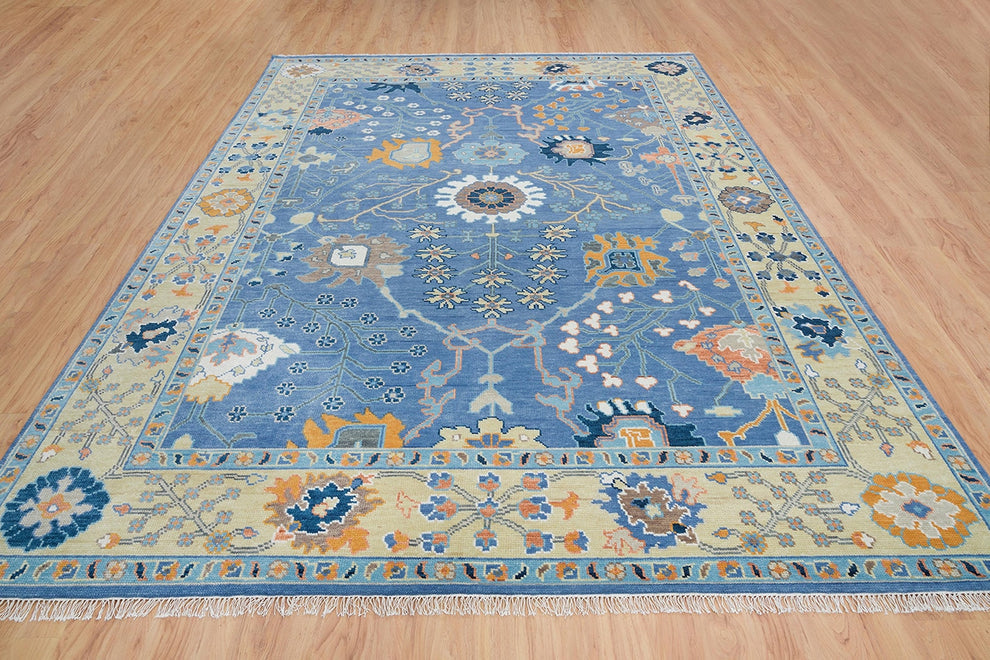 Hand-Knotted Blue Oushak Rug – Authentic Turkish Wool Carpet | Luxury Oriental Area Rug with Gold Accents