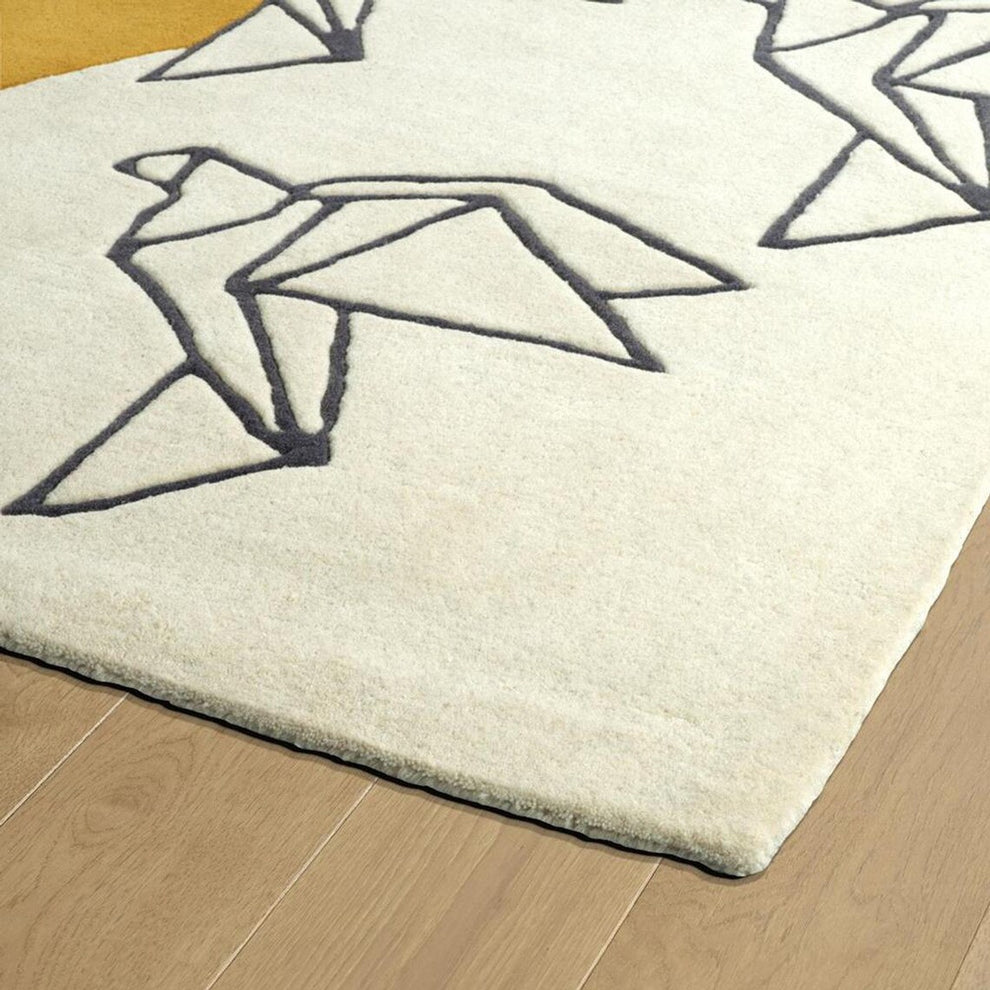 Modern Minimalist Bird Design Rug – Hand Tufted Wool Carpet with Golden Sun & Origami Bird Pattern for Living Room & Bedroom Décor