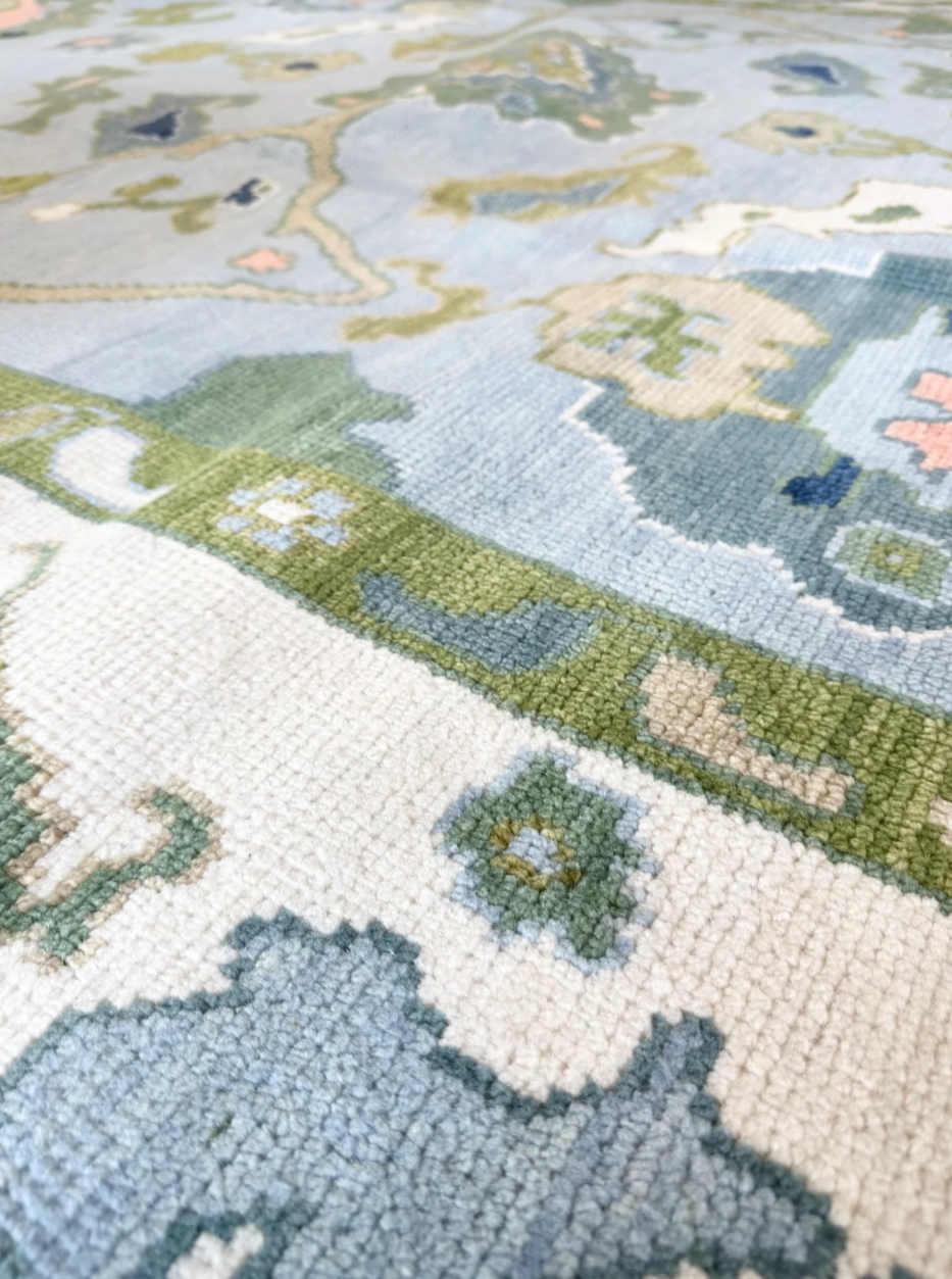 Hand Knotted Oushak Rug – Soft Pastel Blue & Green Turkish Style Area Carpet | Traditional Wool Oriental Rug