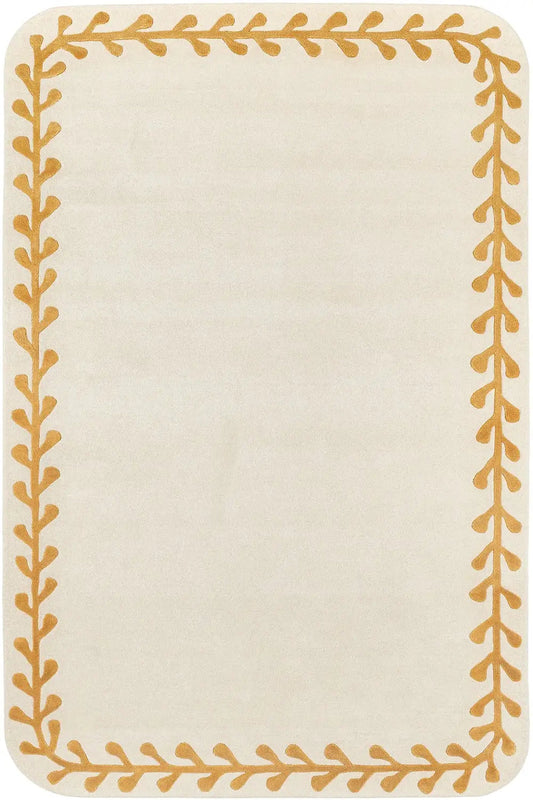 Ivory & Gold Vine Hand Tufted Wool Rug – Modern Luxury Floral Border Area Rug for Living Room, Bedroom & Nursery