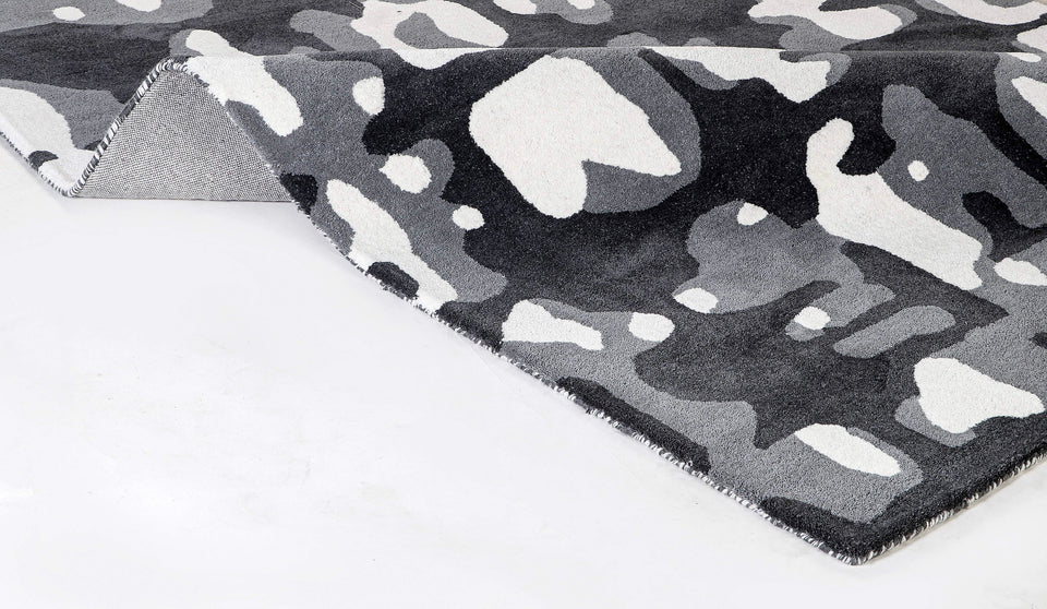 Modern Abstract Black Gray White Area Rug – Contemporary Camouflage Pattern Carpet for Living Room, Bedroom & Office Decor