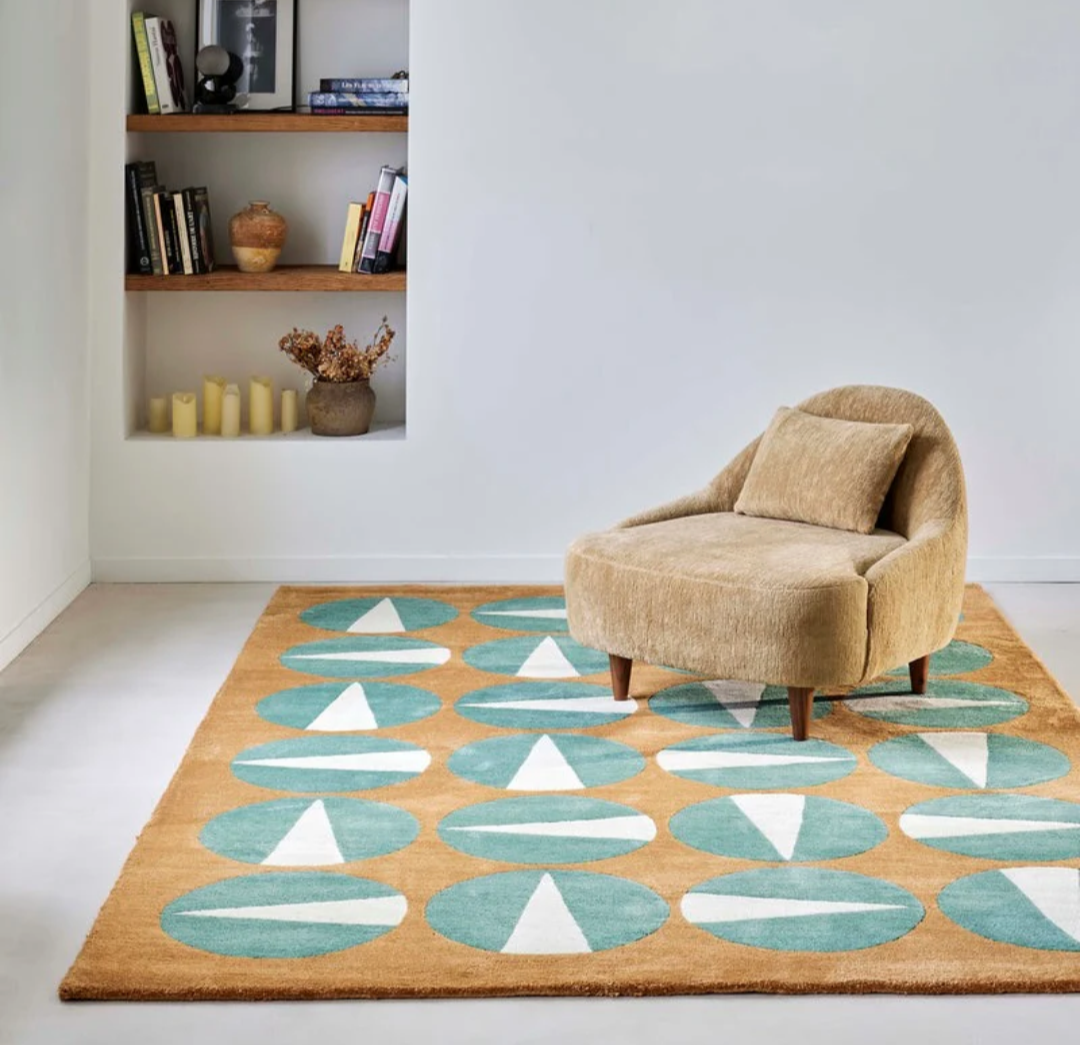 Mid-Century Modern Geometric Area Rug – Retro Green and Mustard Hand-Tufted Wool Carpet for Living Room & Bedroom Décor