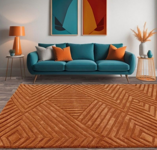 Hand-Tufted Geometric Orange Rug | Modern Area Carpet for Living Room & Home Decor
