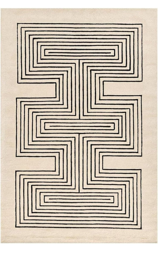 Modern Black and Cream Wool Rug – Handmade Geometric Maze Pattern Carpet for Living Room or Bedroom