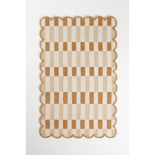 Neutral Checkerboard Scalloped Edge Rug – Beige and Brown Handmade Tufted Carpet for Minimalist or Boho Home Decor