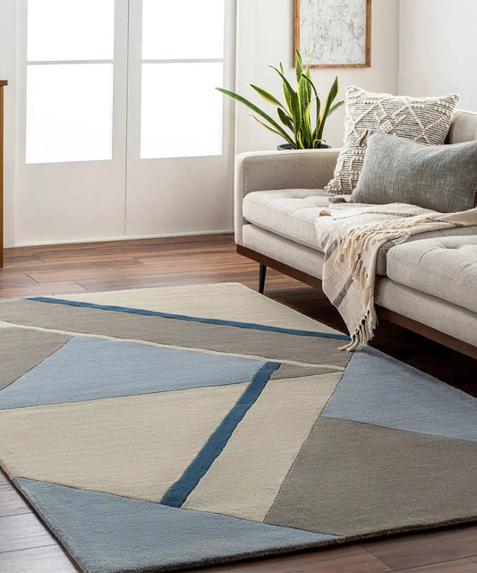 Modern Geometric Area Rug – Abstract Blue, Beige & Gray Contemporary Carpet for Living Room & Bedroom Decor
