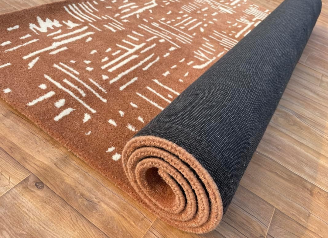 Modern Rust Brown and White Abstract Geometric Tufted Area Rug – Soft Handmade Contemporary Carpet for Living Room, Bedroom, Office Decor