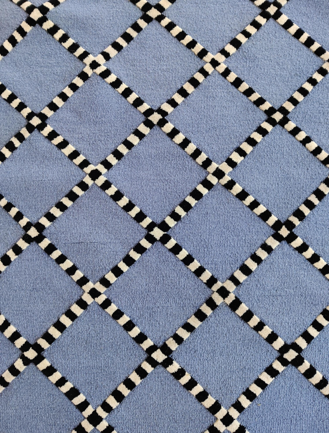 Handmade Blue Geometric Rug – Modern Tufted Diamond Pattern Carpet with Black & White Striped Border, Contemporary Area Rug for Home Decor