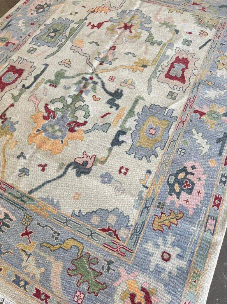 Hand Knotted Oushak Rug – Pastel Blue Ivory Turkish Wool Carpet | Soft Vintage Style Area Rug