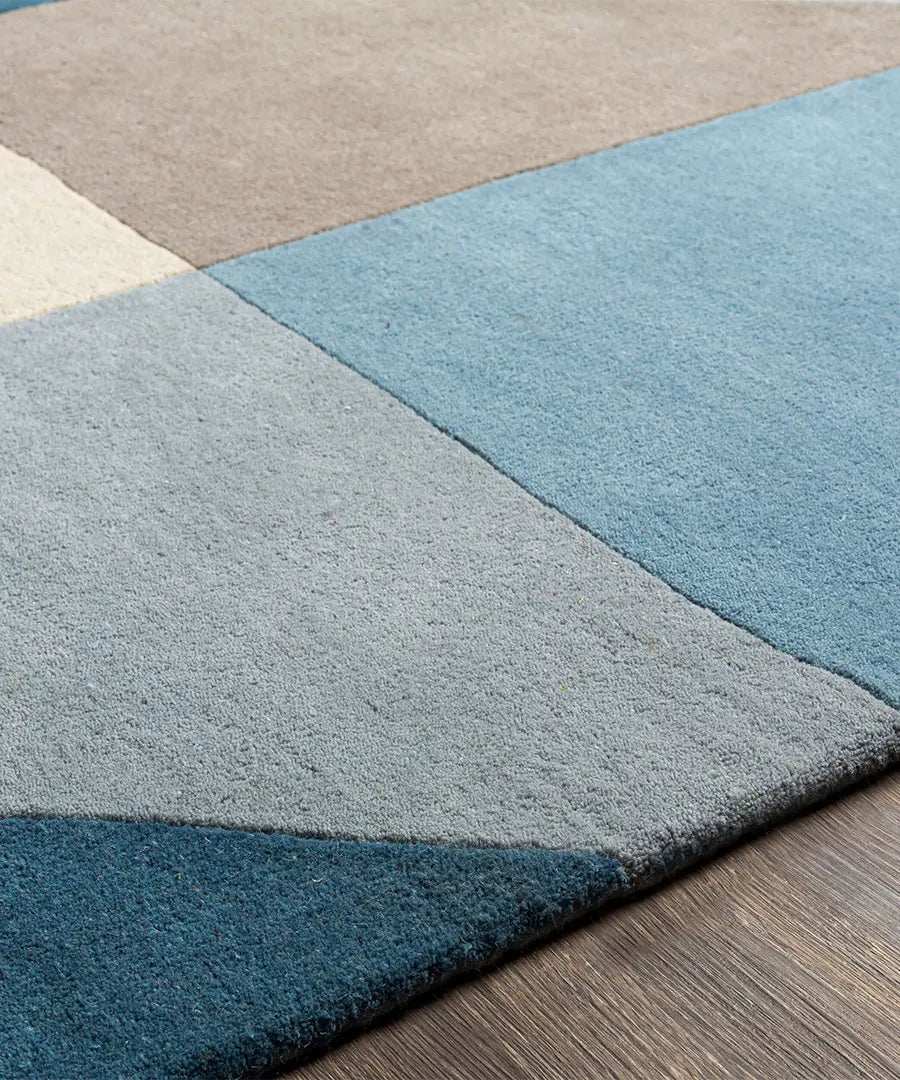 Geometric Abstract Area Rug – Blue, Beige & Gray Modern Carpet for Living Room, Bedroom & Office Decor