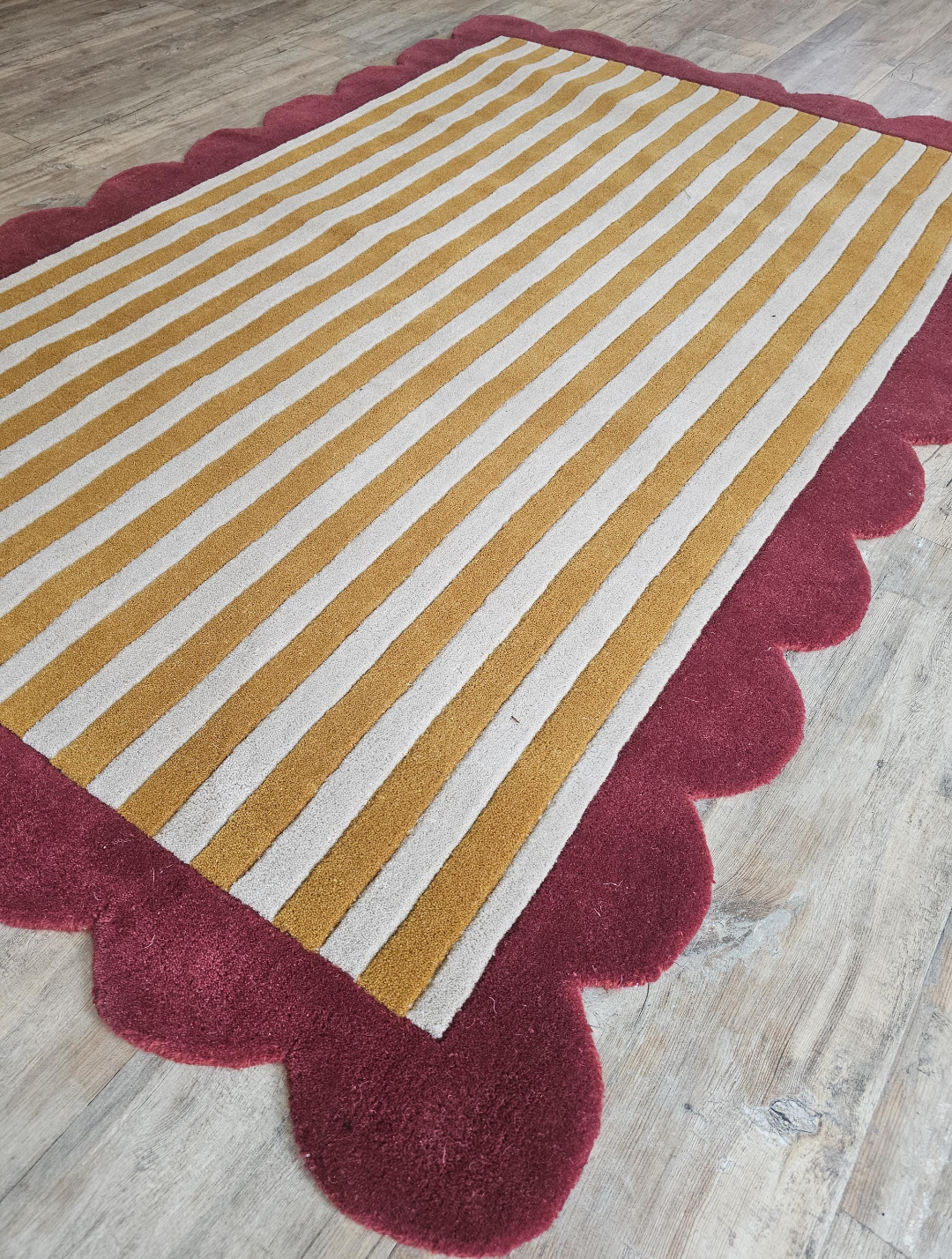 Handmade Wool Striped Rug | Modern Mustard & Beige Area Carpet with Red Scalloped Border | Contemporary Statement Floor Rug for Living Room & Bedroom