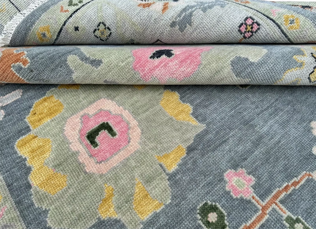 Hand Knotted Oushak Rug – Blue Turkish Wool Area Rug with Pastel Floral Motifs