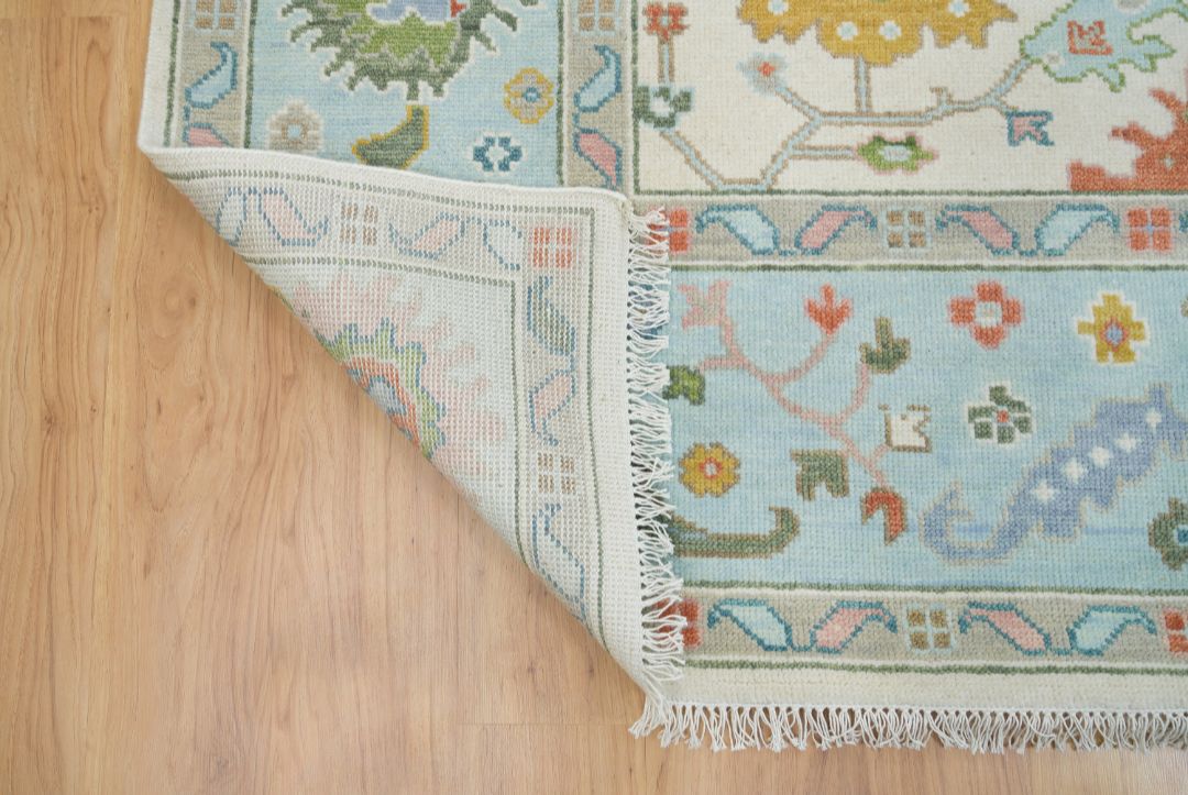 Light Blue Handknotted Oushak Rug – Soft Pastel Turkish Wool Carpet | Traditional Floral Design Area Rug for Living Room & Bedroom Decor