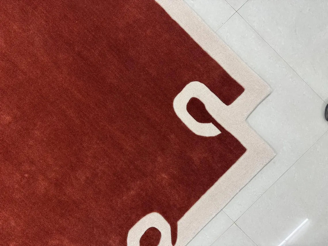 Modern Hand-Tufted Maroon Area Rug – Abstract Border Wool Carpet for Living Room & Bedroom Décor