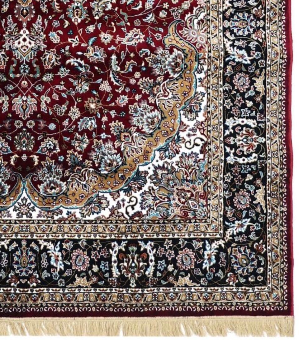 Persian Silk Rug | Rich Red Medallion Oriental Carpet, Luxury Handmade-Style Silk Area Rug