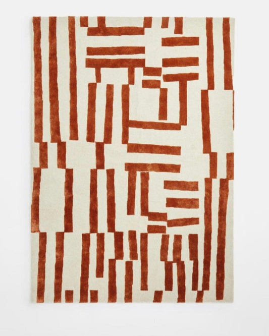Modern Geometric Abstract Area Rug – Hand-Tufted Rust & Cream Striped Carpet for Living Room, Bedroom & Office Decor