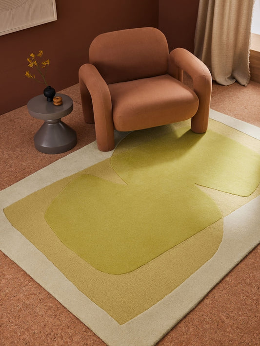 Modern Abstract Yellow Green Area Rug – Hand-Tufted Wool Carpet with Minimalist Organic Shapes for Living Room, Bedroom & Office Decor