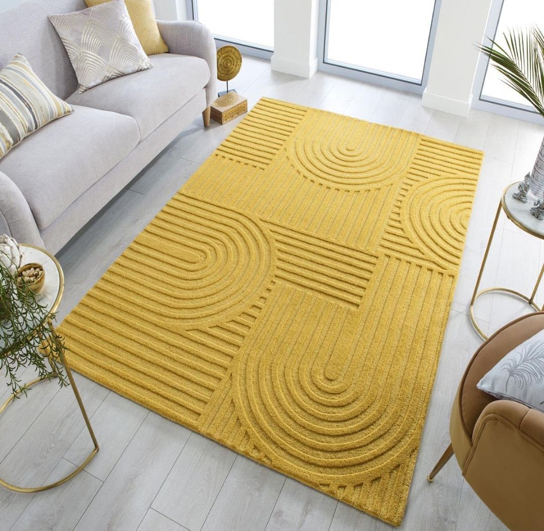 Modern Mustard Yellow Wool Rug – Handmade Geometric Maze Pattern Carpet for Living Room or Bedroom