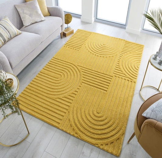 Modern Mustard Yellow Wool Rug – Handmade Geometric Maze Pattern Carpet for Living Room or Bedroom