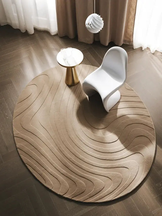 Contemporary Round Taupe Wave Design Rug – Modern Neutral Carpet for Living Room, Bedroom & Office Décor