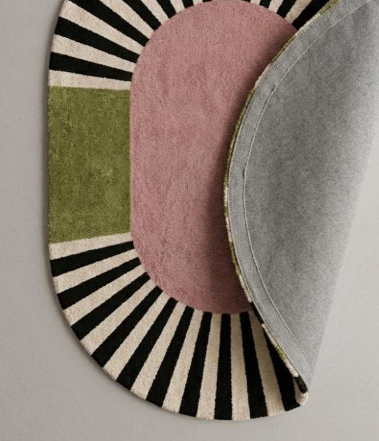 Hand Tufted Abstract Area Rug, Modern Geometric Pink Green Rug, Black White Sunburst Statement Carpet, Contemporary Living Room Decor