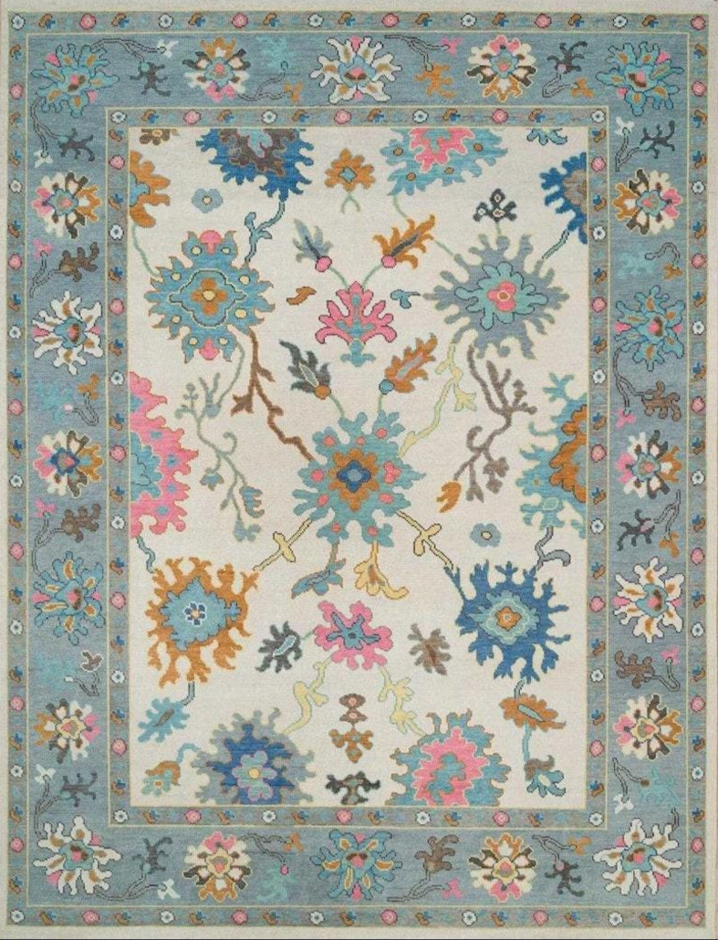 Hand Knotted Oushak Rug – Blue Ivory Floral Turkish Wool Carpet | Modern Vintage Area Rug