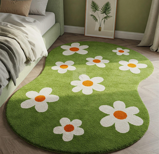 Green Daisy Shaped Area Rug for Bedroom – Soft Floral Carpet for Kids & Adults – Cute Flower Design Home Decor