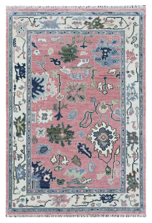 Handknotted Oushak Rug | Vintage Turkish Wool Area Carpet in Pink & Blue | Bohemian Oriental Floral Design | Luxury Living Room Decor