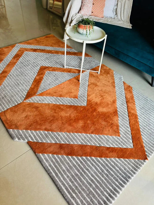 Modern Geometric Orange & Cream Area Rug – Hand Tufted Striped Diamond Pattern Carpet for Living Room, Bedroom & Contemporary Home Décor