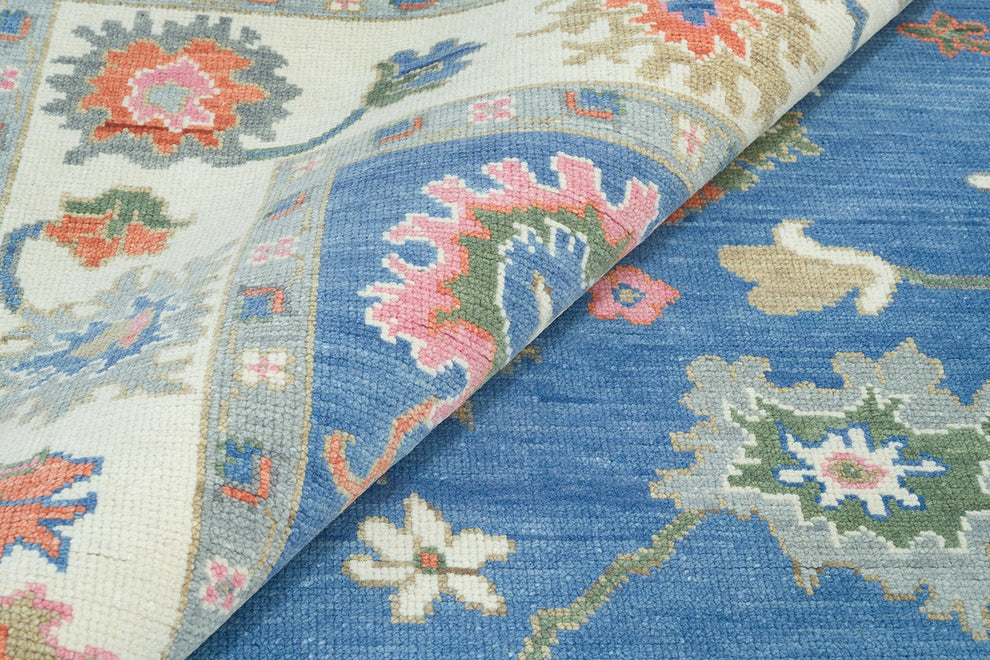 Hand-Knotted Blue Oushak Rug – Authentic Turkish Wool Carpet | Vintage-Inspired Oriental Area Rug for Living Room