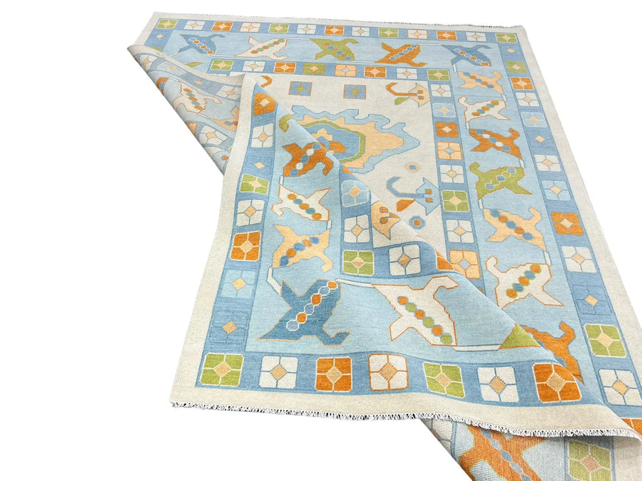 Hand Knotted Oushak Rug – Pastel Blue Turkish Wool Vintage Medallion Area Carpet