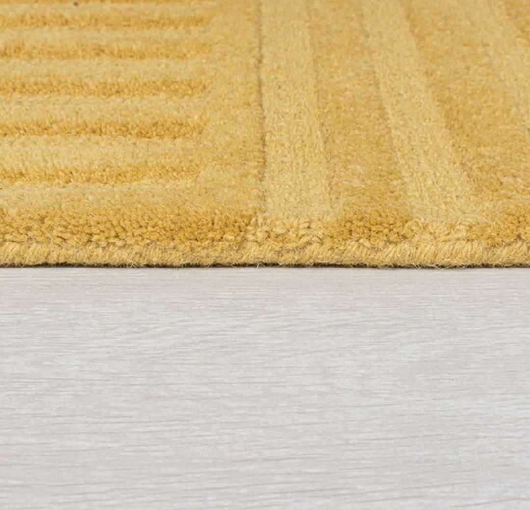 Modern Mustard Yellow Wool Rug – Handmade Geometric Maze Pattern Carpet for Living Room or Bedroom