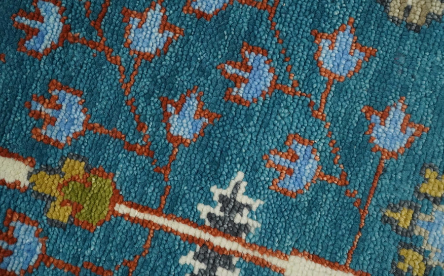 Hand-Knotted Oushak Rug in Teal Blue – Authentic Turkish Wool Oriental Carpet