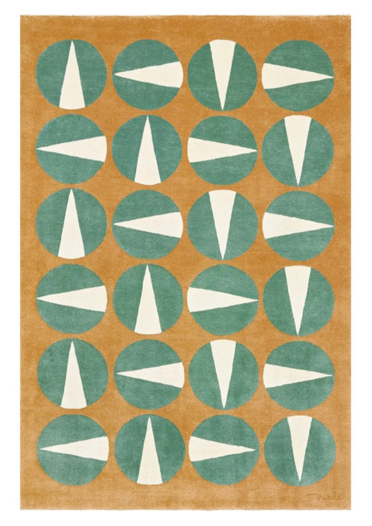 Mid-Century Modern Geometric Area Rug – Retro Green and Mustard Hand-Tufted Wool Carpet for Living Room & Bedroom Décor