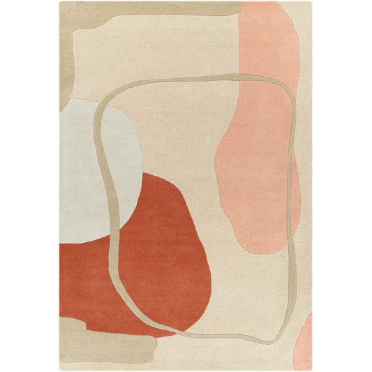 Modern Abstract Hand-Tufted Wool Rug – Beige, Terracotta & Blush Geometric Carpet for Living Room & Bedroom Decor