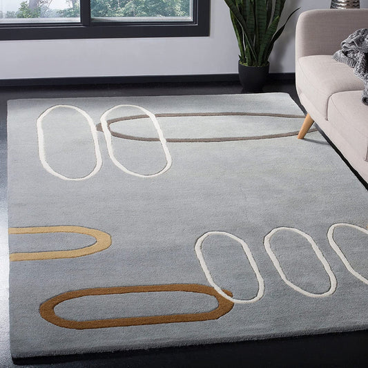 Contemporary Grey Abstract Area Rug – Soft Hand-Tufted Carpet with Oval Line Pattern for Modern Living Room & Office Décor